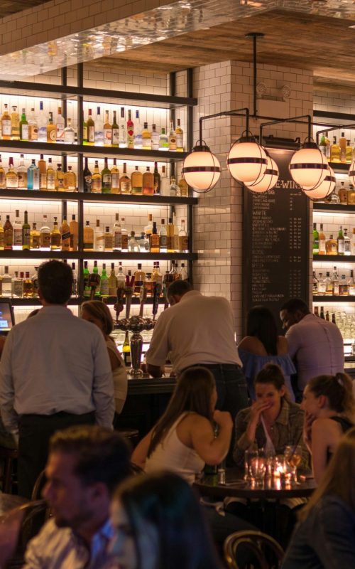 Experience the lively atmosphere of a bustling New York City bar with patrons enjoying nightlife within a stylish indoor setting.