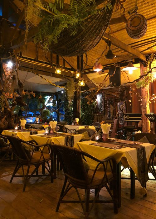 Charming rustic restaurant setting with warm lighting and decorative plants, perfect for a cozy dining experience.