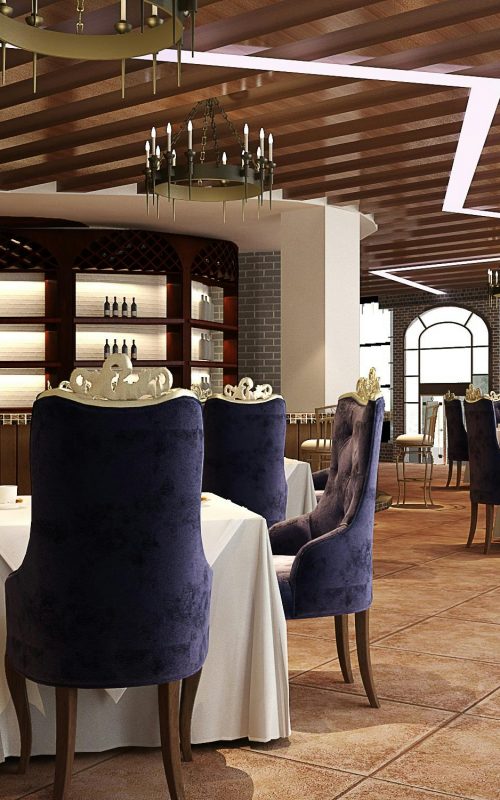 Sophisticated luxury restaurant interior featuring elegant chandeliers and plush seating, perfect for fine dining.